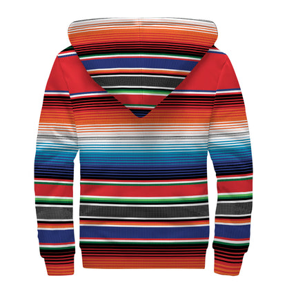 Vintage Mexican Serape Pattern Print Sherpa Lined Zip Up Hoodie