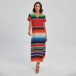 Vintage Mexican Serape Pattern Print Short Sleeve Maxi Dress