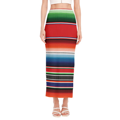 Vintage Mexican Serape Pattern Print Side Slit Maxi Skirt