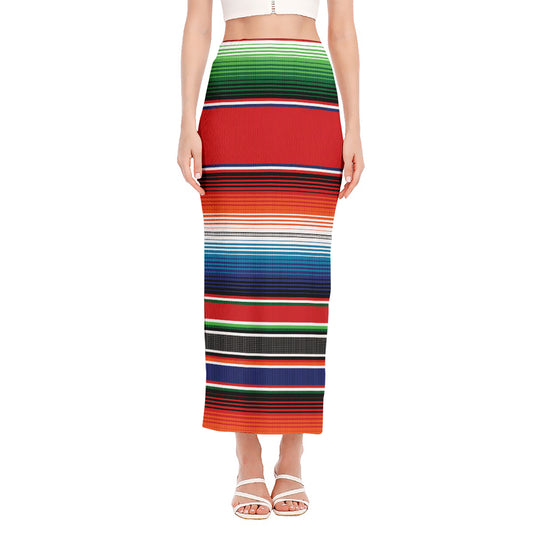 Vintage Mexican Serape Pattern Print Side Slit Maxi Skirt