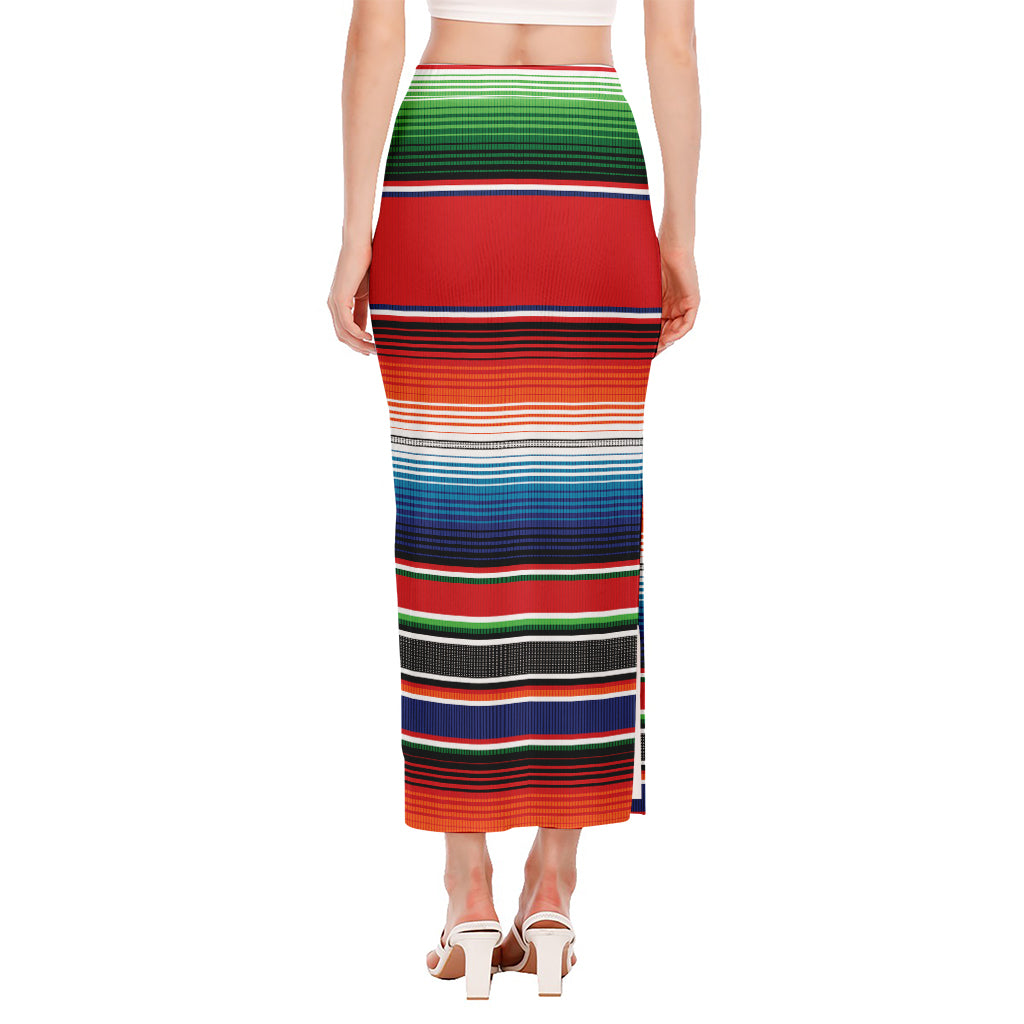 Vintage Mexican Serape Pattern Print Side Slit Maxi Skirt