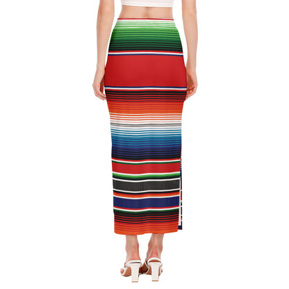 Vintage Mexican Serape Pattern Print Side Slit Maxi Skirt