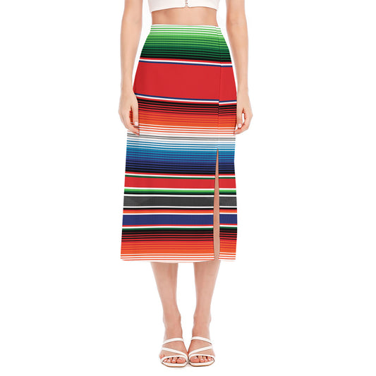 Vintage Mexican Serape Pattern Print Side Slit Midi Skirt