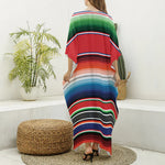 Vintage Mexican Serape Pattern Print Silk V-Neck Kaftan Dress