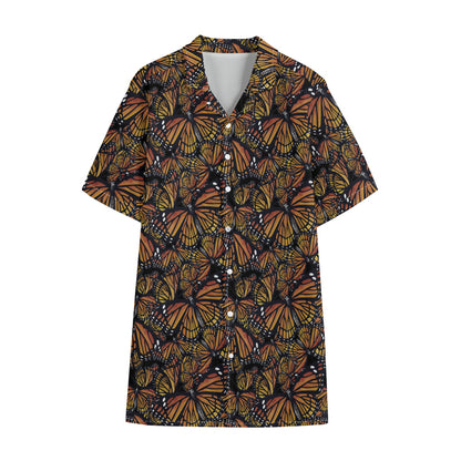 Vintage Monarch Butterfly Pattern Print Cotton Hawaiian Shirt