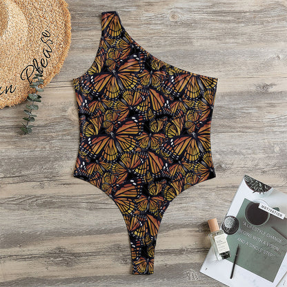 Vintage Monarch Butterfly Pattern Print One Shoulder Bodysuit