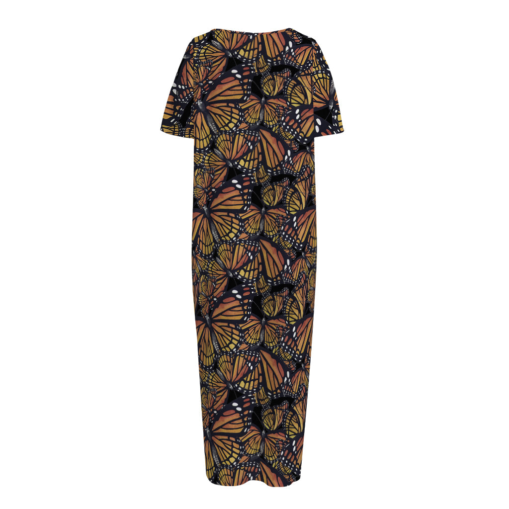 Vintage Monarch Butterfly Pattern Print Short Sleeve Long Nightdress