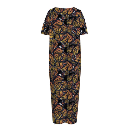 Vintage Monarch Butterfly Pattern Print Short Sleeve Long Nightdress