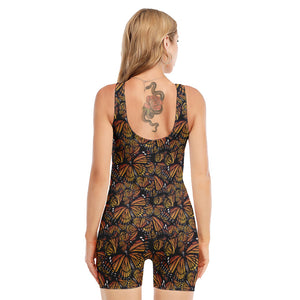 Vintage Monarch Butterfly Pattern Print Sleeveless One Piece Swimsuit