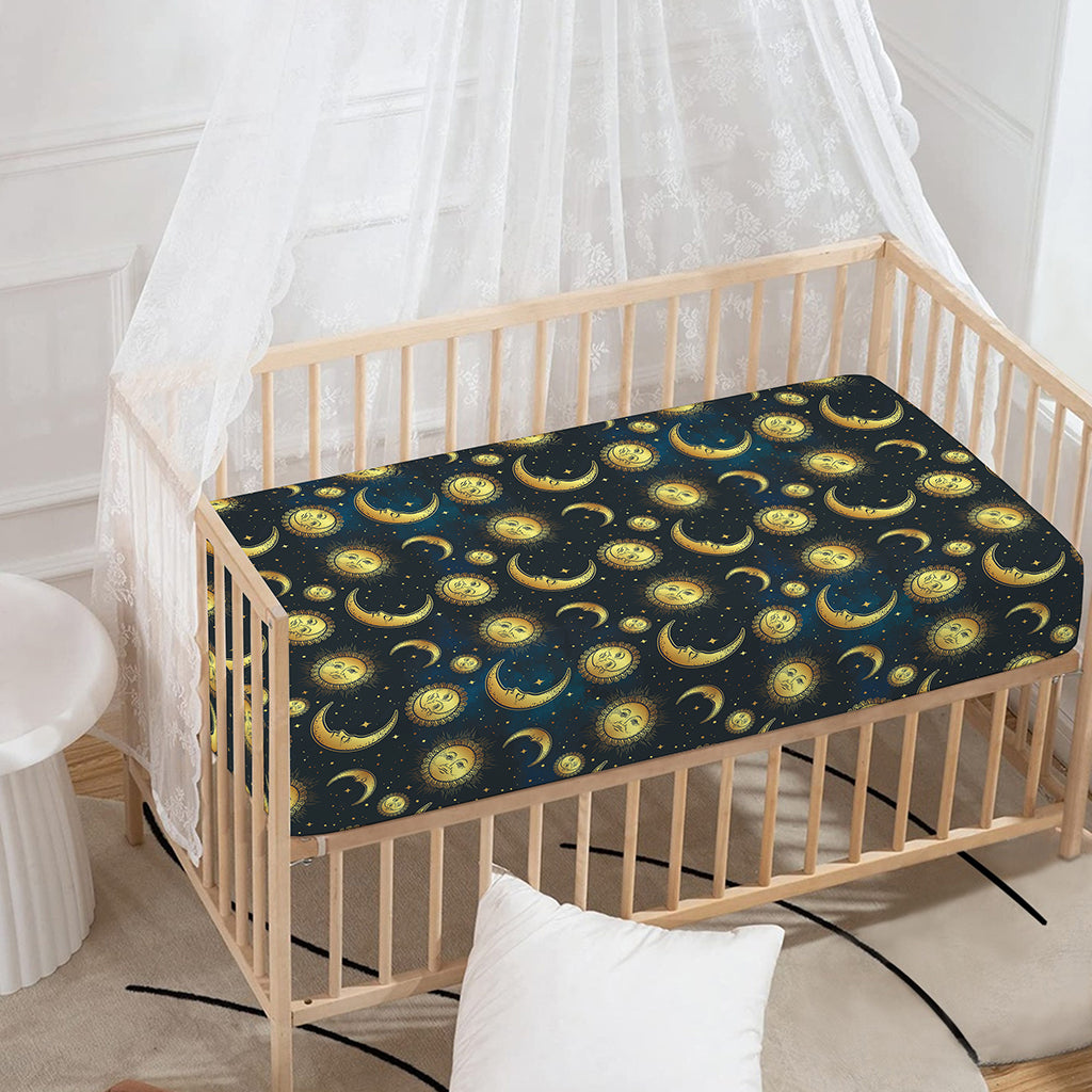 Vintage Moon And Sun Pattern Print Baby Crib Sheet