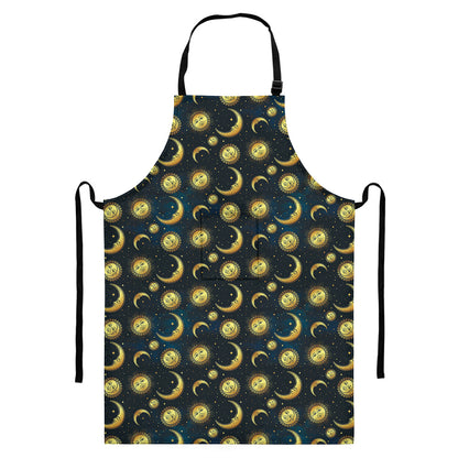 Vintage Moon And Sun Pattern Print Bib Apron With Pocket