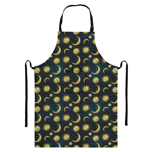 Vintage Moon And Sun Pattern Print Bib Apron With Pocket
