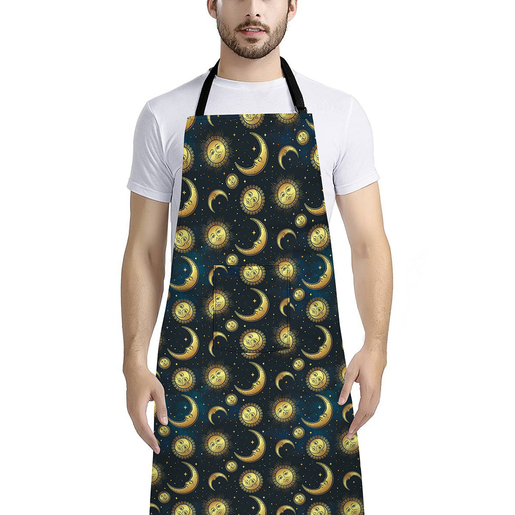 Vintage Moon And Sun Pattern Print Bib Apron With Pocket