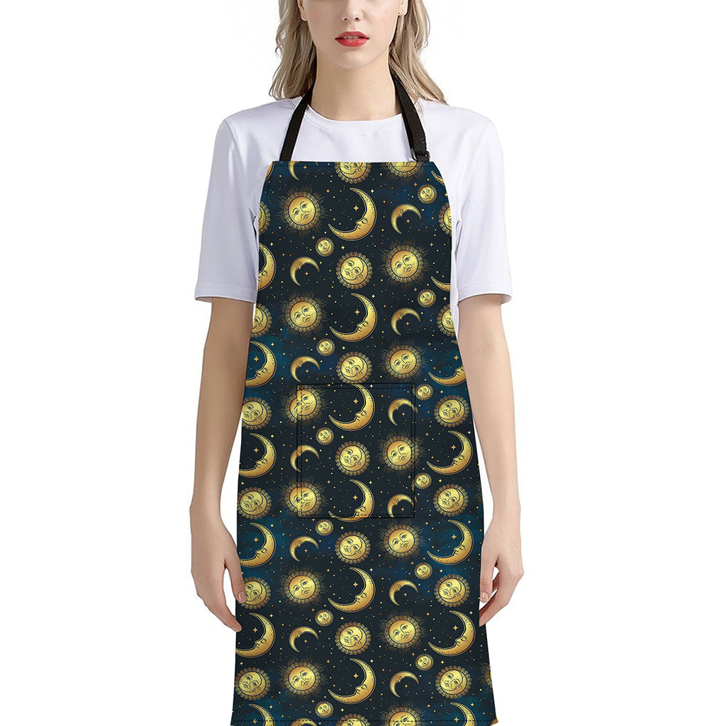 Vintage Moon And Sun Pattern Print Bib Apron With Pocket