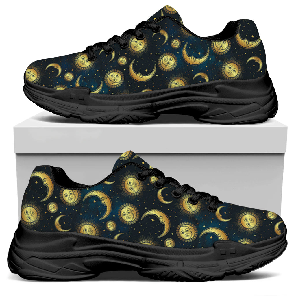 Vintage Moon And Sun Pattern Print Black Chunky Shoes