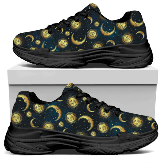 Vintage Moon And Sun Pattern Print Black Chunky Shoes