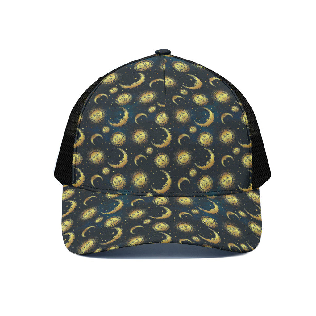 Vintage Moon And Sun Pattern Print Black Mesh Trucker Cap