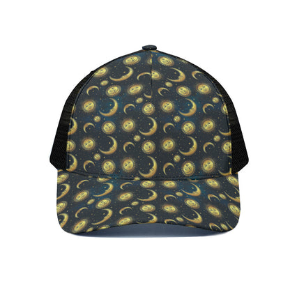 Vintage Moon And Sun Pattern Print Black Mesh Trucker Cap