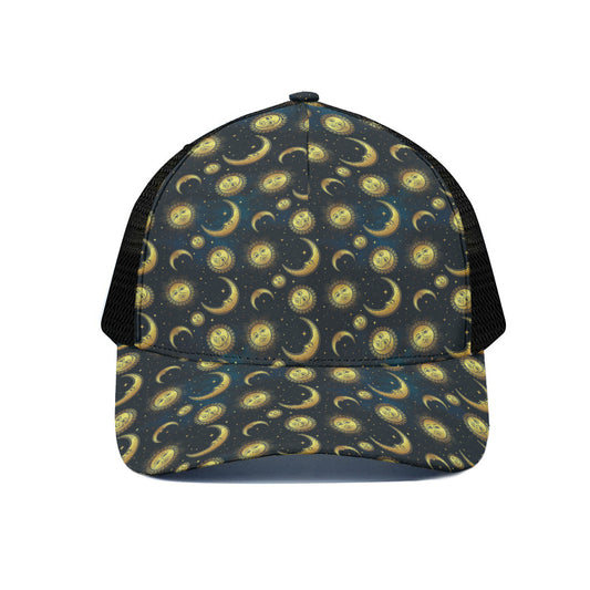 Vintage Moon And Sun Pattern Print Black Mesh Trucker Cap