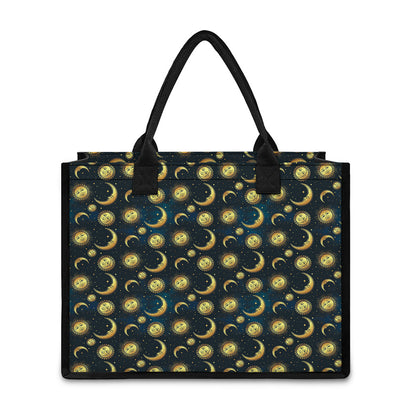 Vintage Moon And Sun Pattern Print Canvas Tote Bag