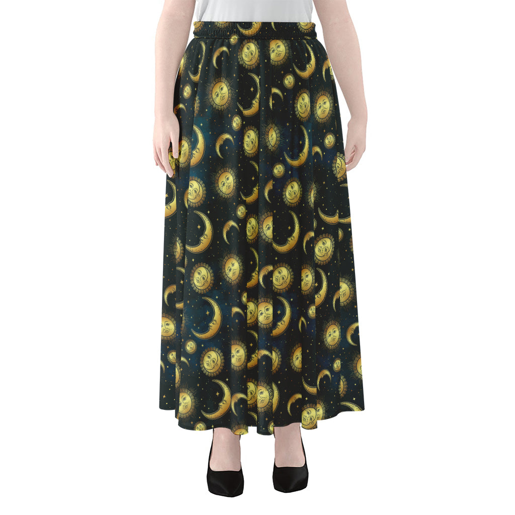 Vintage Moon And Sun Pattern Print Chiffon Maxi Skirt