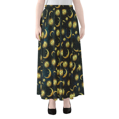 Vintage Moon And Sun Pattern Print Chiffon Maxi Skirt