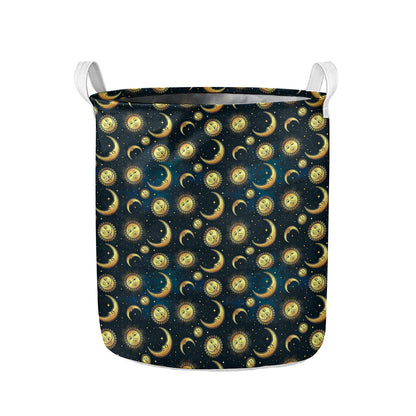 Vintage Moon And Sun Pattern Print Collapsible Laundry Basket