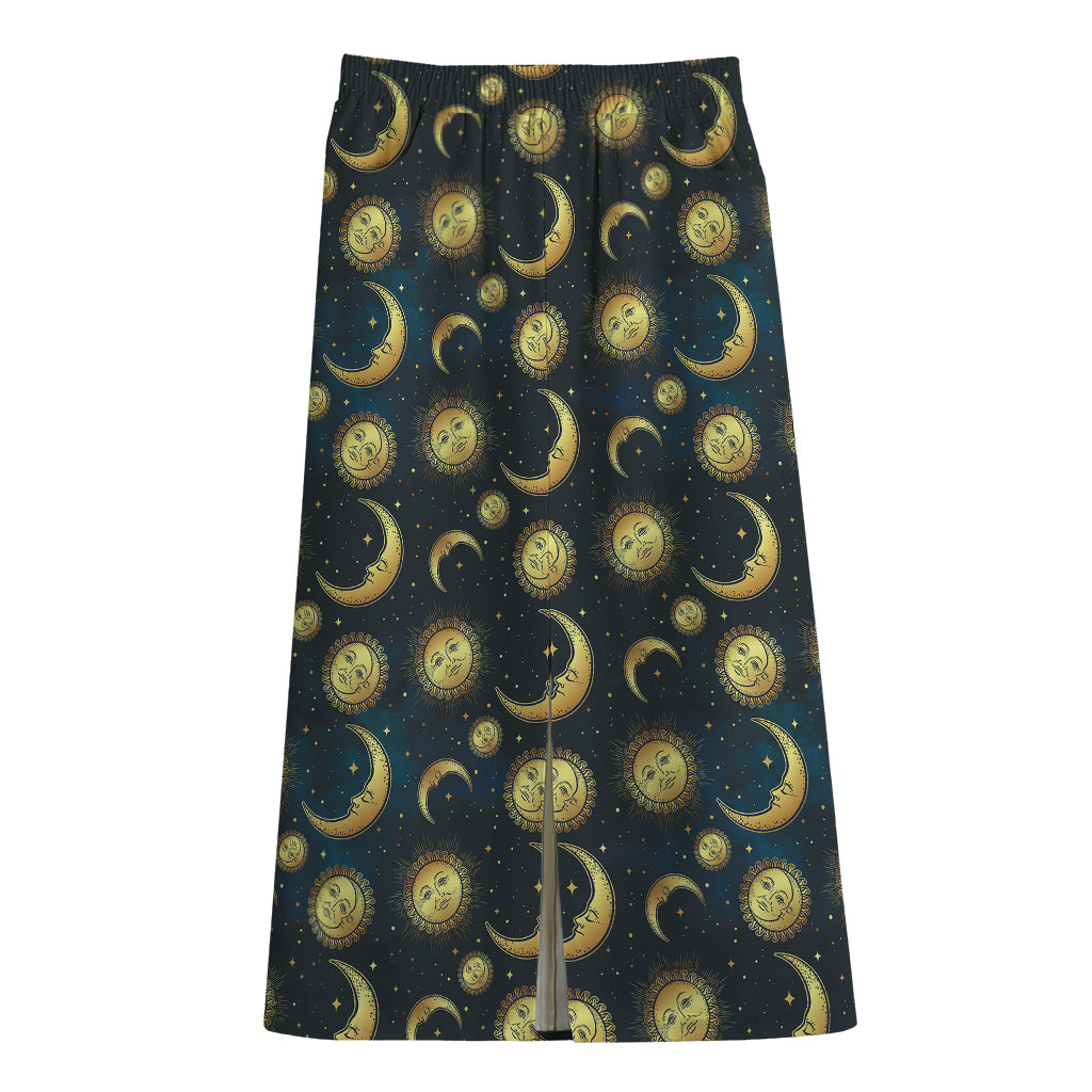 Vintage Moon And Sun Pattern Print Cotton Front Slit Maxi Skirt