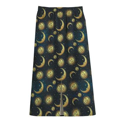 Vintage Moon And Sun Pattern Print Cotton Front Slit Maxi Skirt