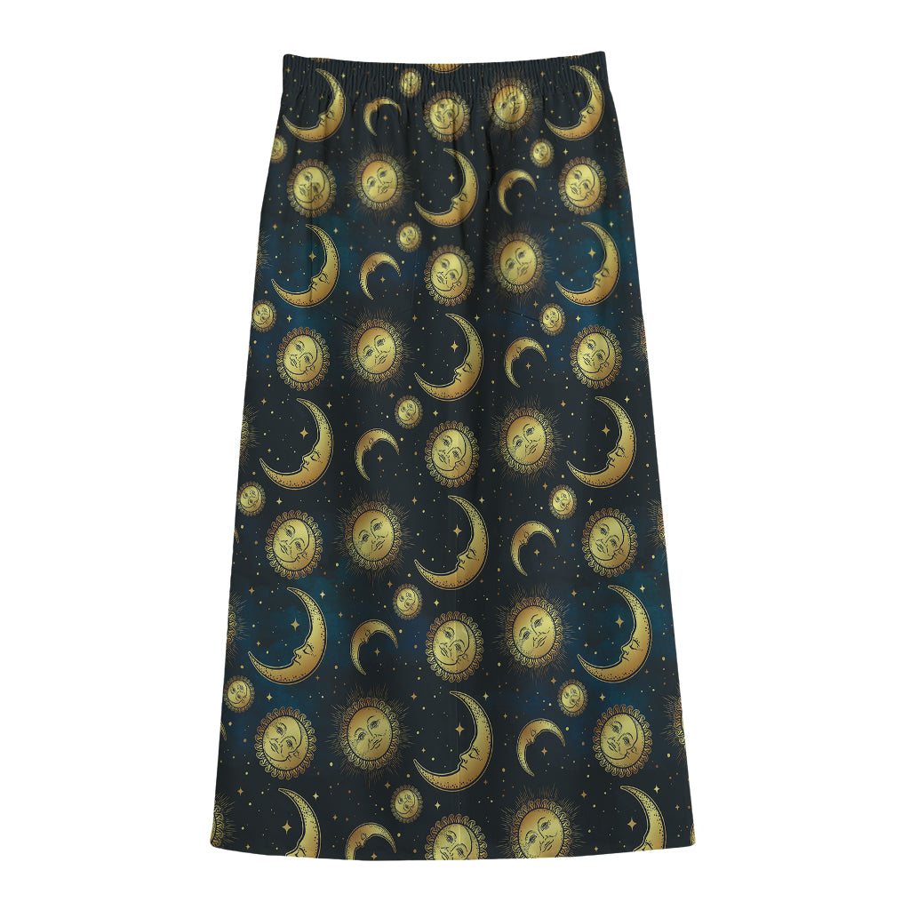 Vintage Moon And Sun Pattern Print Cotton Front Slit Maxi Skirt