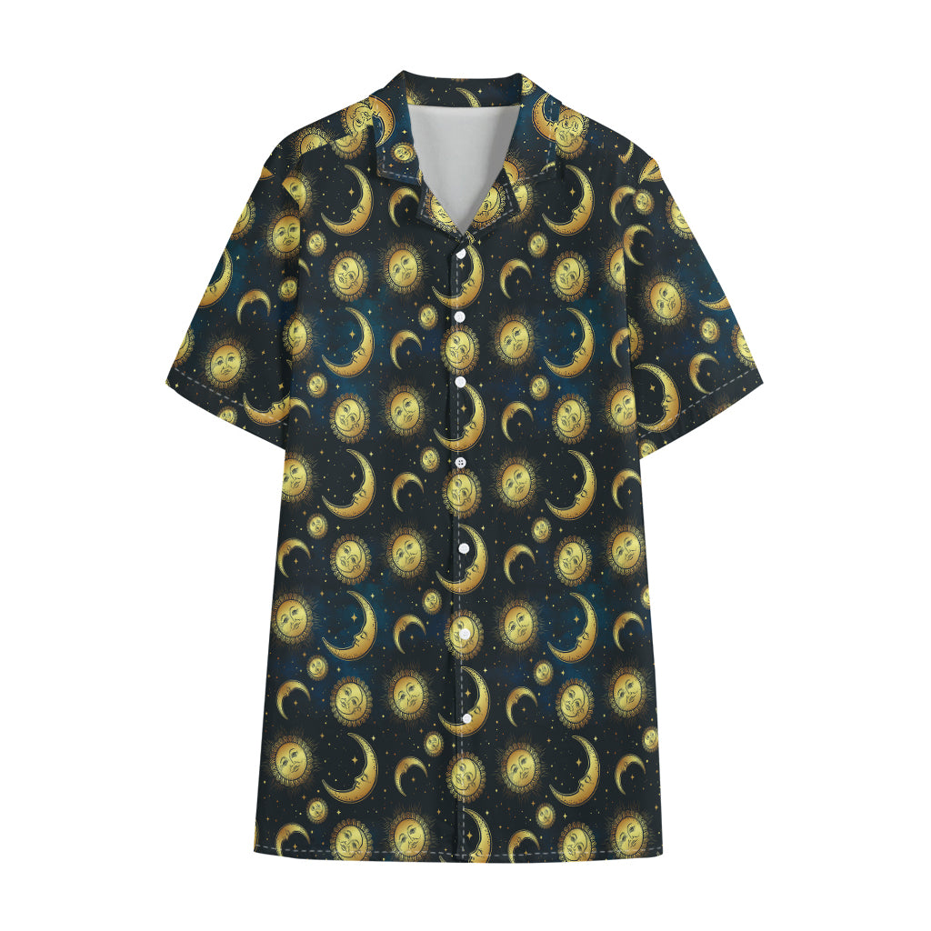 Vintage Moon And Sun Pattern Print Cotton Hawaiian Shirt