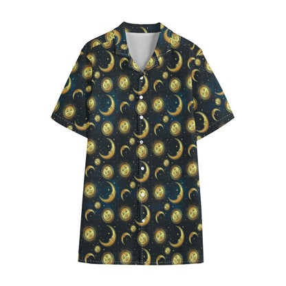 Vintage Moon And Sun Pattern Print Cotton Hawaiian Shirt