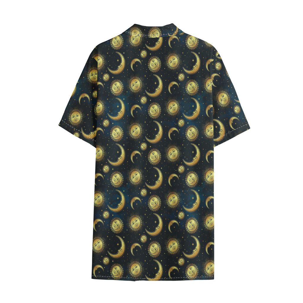 Vintage Moon And Sun Pattern Print Cotton Hawaiian Shirt
