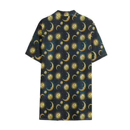 Vintage Moon And Sun Pattern Print Cotton Hawaiian Shirt