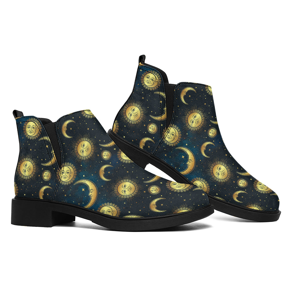 Vintage Moon And Sun Pattern Print Flat Ankle Boots