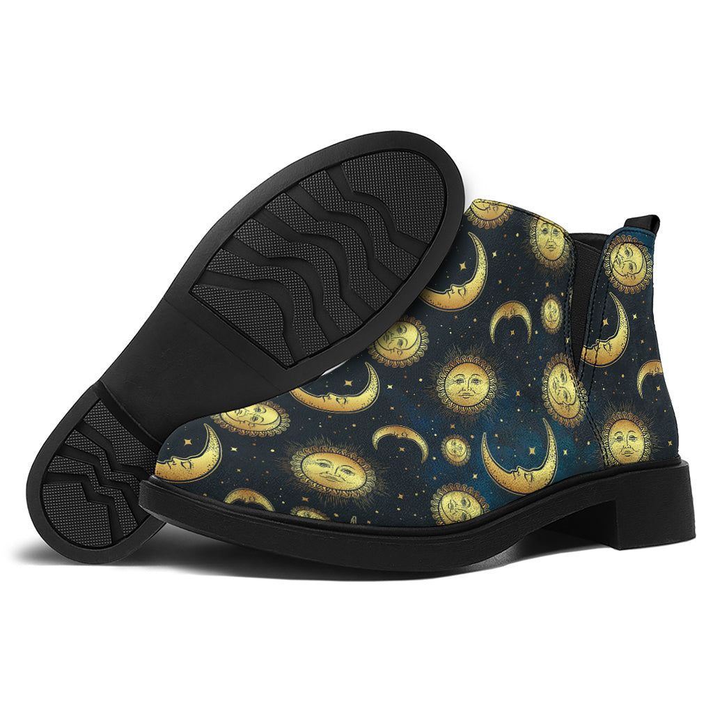 Vintage Moon And Sun Pattern Print Flat Ankle Boots