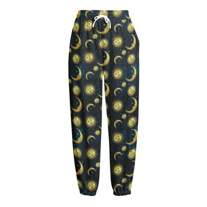 Vintage Moon And Sun Pattern Print Fleece Lined Knit Pants