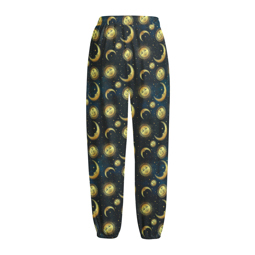 Vintage Moon And Sun Pattern Print Fleece Lined Knit Pants