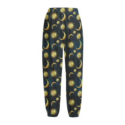 Vintage Moon And Sun Pattern Print Fleece Lined Knit Pants