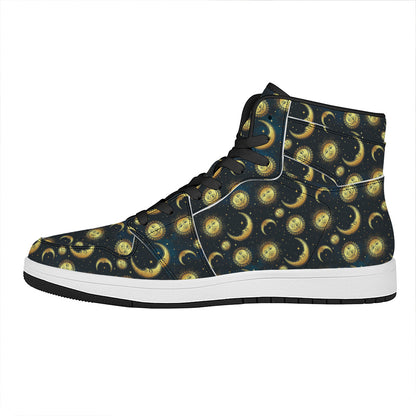 Vintage Moon And Sun Pattern Print High Top Leather Sneakers