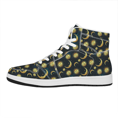 Vintage Moon And Sun Pattern Print High Top Leather Sneakers