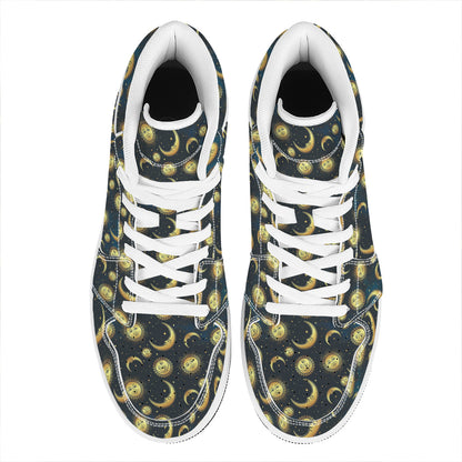 Vintage Moon And Sun Pattern Print High Top Leather Sneakers