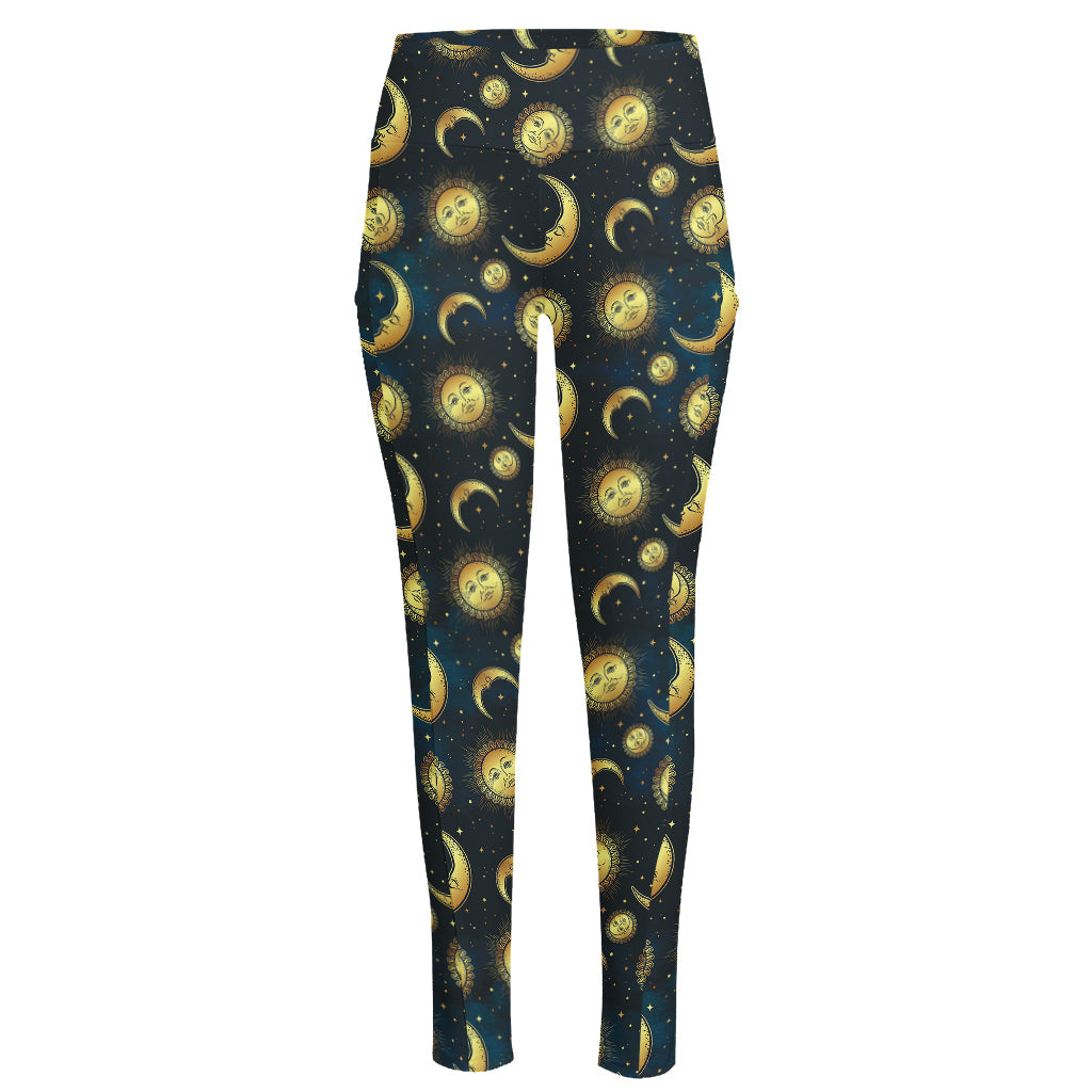 Vintage Moon And Sun Pattern Print High-Waisted Pocket Leggings