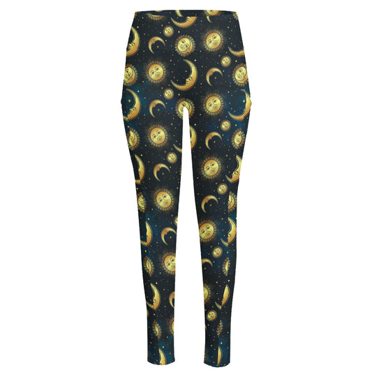 Vintage Moon And Sun Pattern Print High-Waisted Pocket Leggings