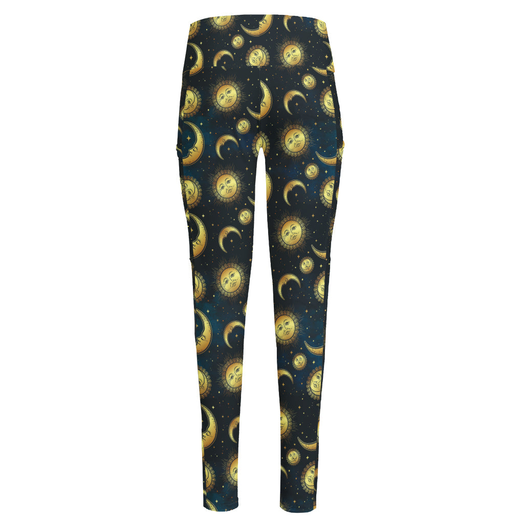 Vintage Moon And Sun Pattern Print High-Waisted Pocket Leggings