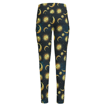 Vintage Moon And Sun Pattern Print High-Waisted Pocket Leggings