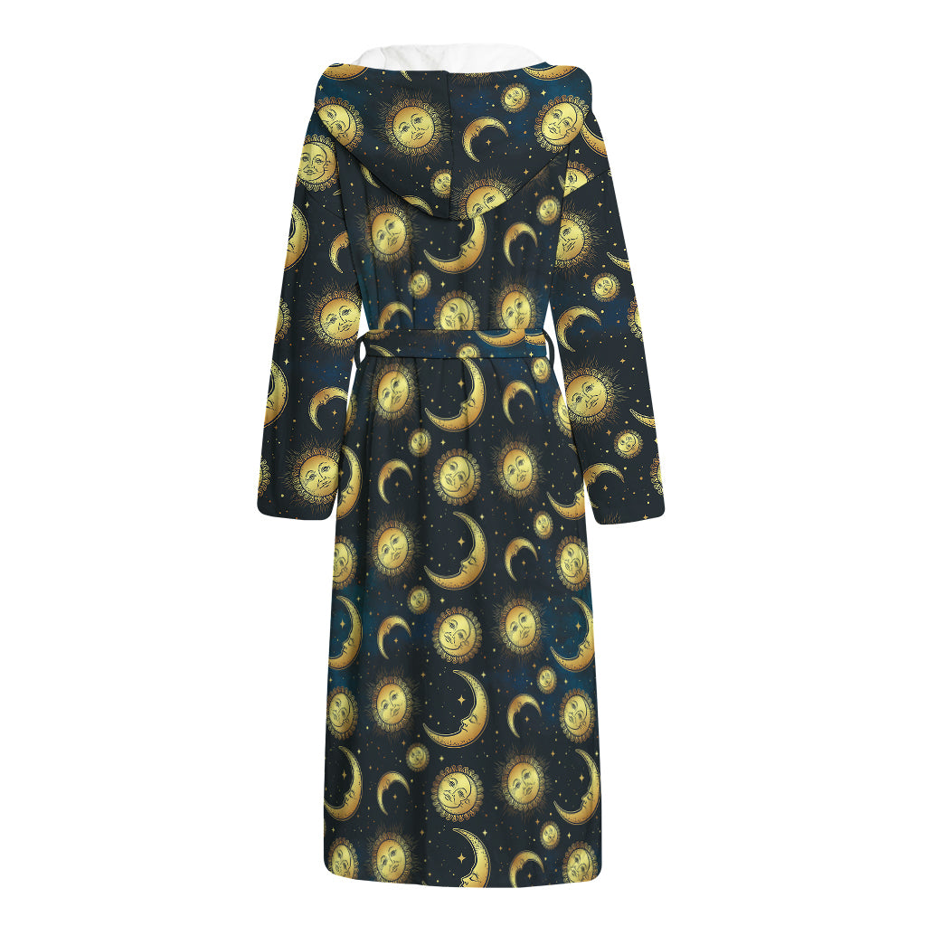 Vintage Moon And Sun Pattern Print Hooded Bathrobe