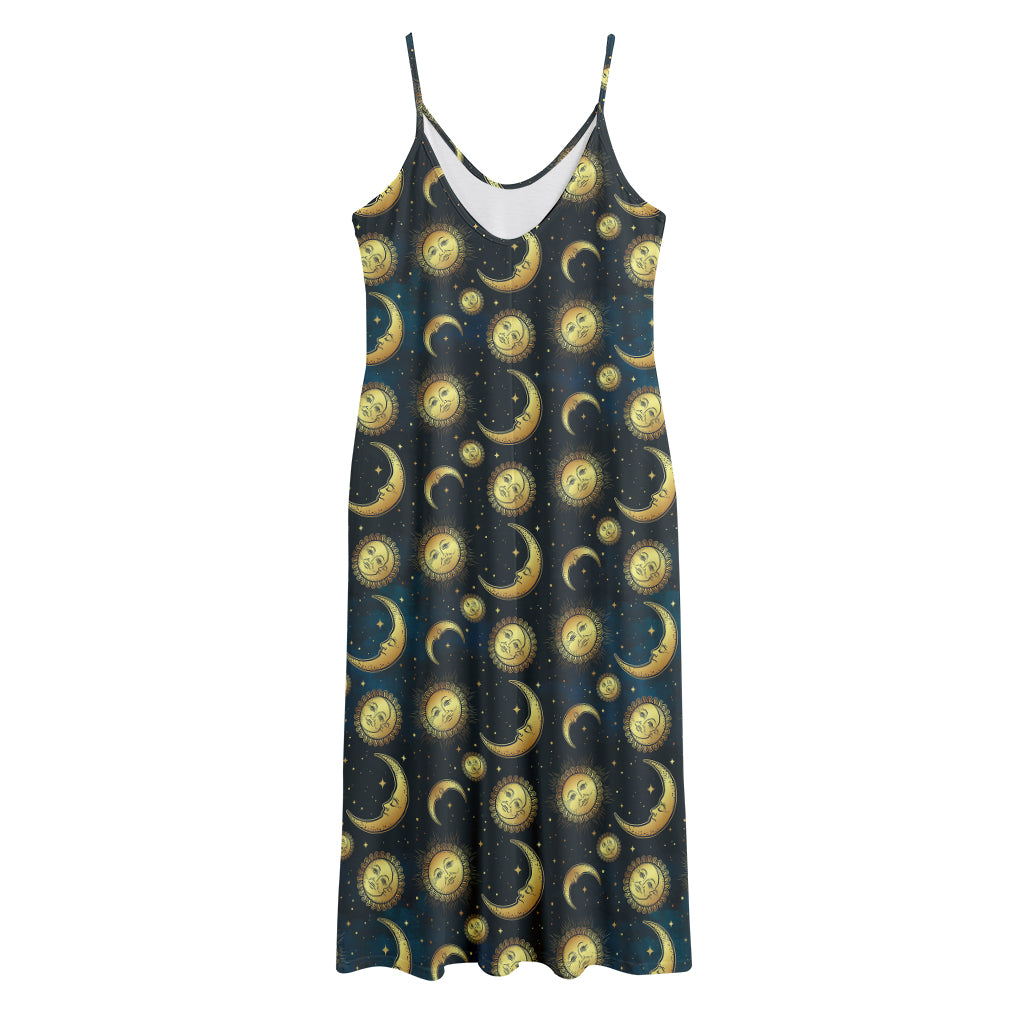 Vintage Moon And Sun Pattern Print Jersey Midi Cami Dress