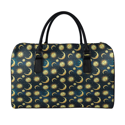Vintage Moon And Sun Pattern Print Leather Duffle Bag