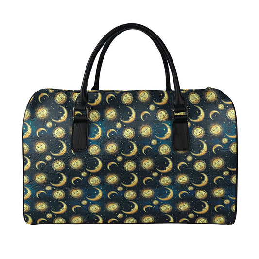 Vintage Moon And Sun Pattern Print Leather Duffle Bag